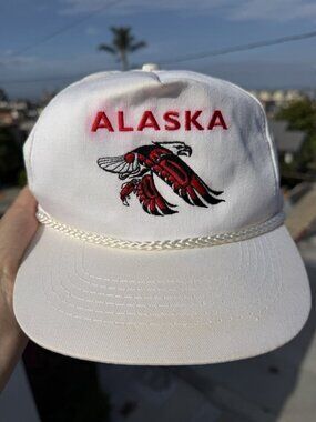 Vintage 90s Alaska Tribal Embroidered Eagle white rope trucker hat streetwear